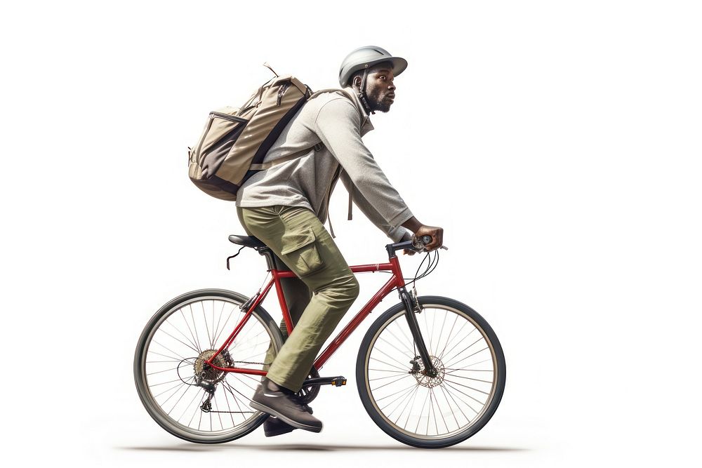 An african man riding a bike sports backpack bicycle.