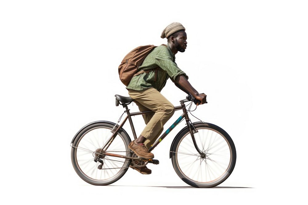 An african man riding a bike sports bicycle vehicle.