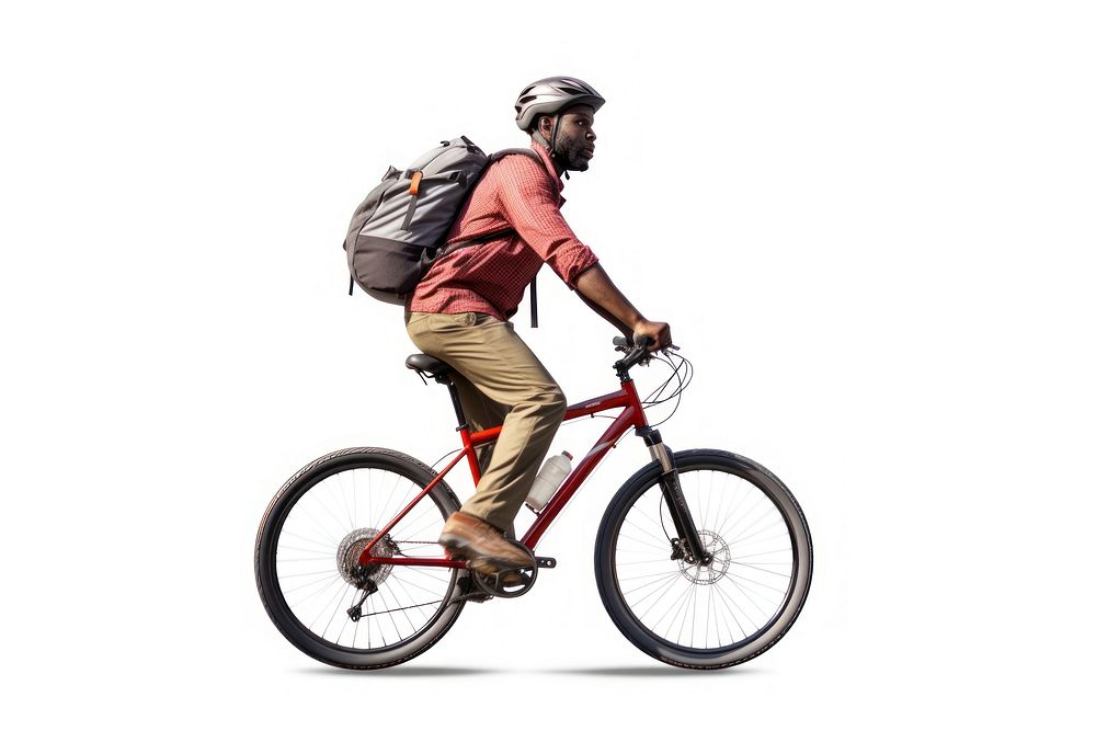 An african man riding a bike sports backpack bicycle.