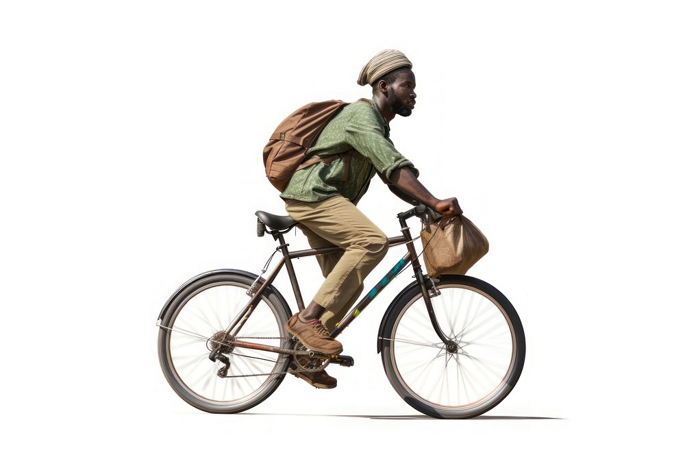 An african man riding a bike sports bicycle vehicle.