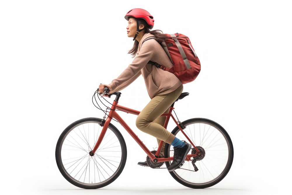 An asian woman riding a bike sports backpack bicycle.