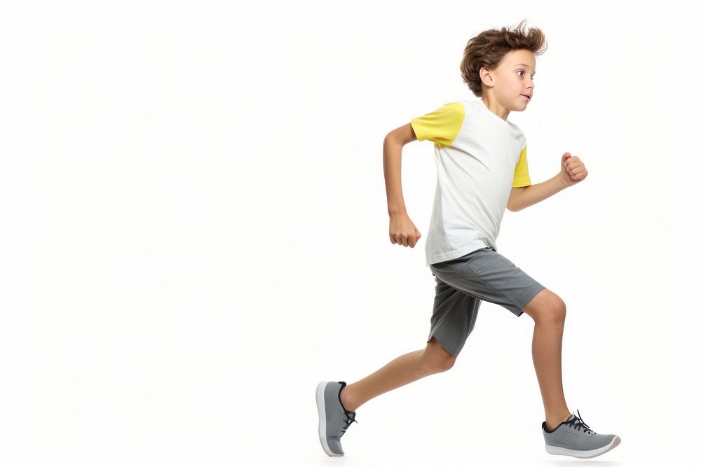 An eight year old wearing modern sport cloth running jogging sports shorts.