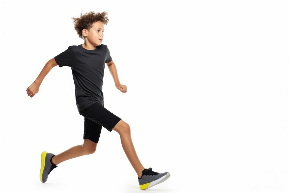 An eight year old wearing modern sport cloth running footwear sports child.