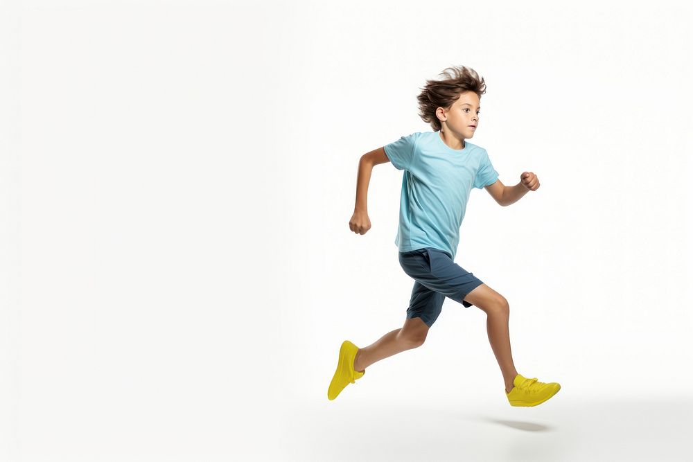 An eight year old wearing modern sport cloth running jumping jogging sports.