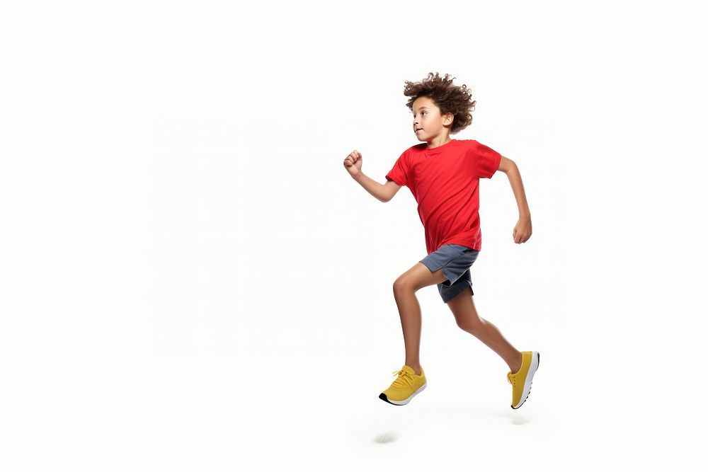 An eight year old wearing sport cloth running jogging jumping sports.