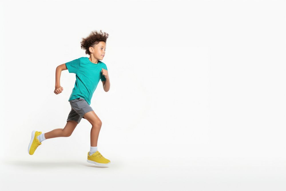An eight year old wearing sport cloth running jogging jumping sports.