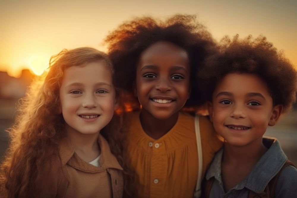 Three diversity kids child smile sun. AI generated Image by rawpixel.