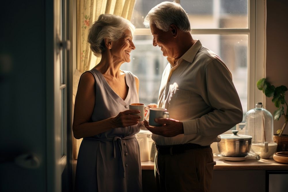 Senior couple cheers coffee cup window men togetherness. AI generated Image by rawpixel.