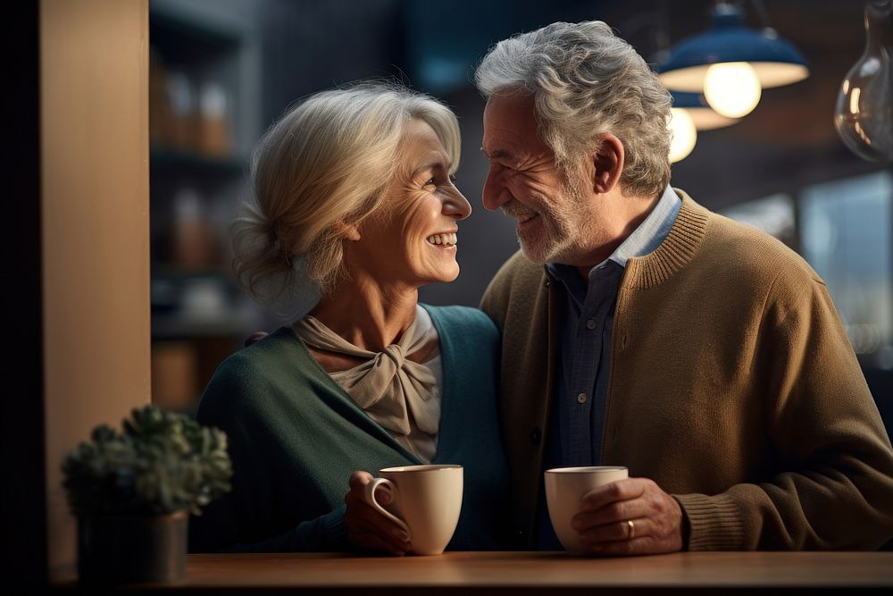 Senior couple happy drinking coffee adult men mug. AI generated Image by rawpixel.