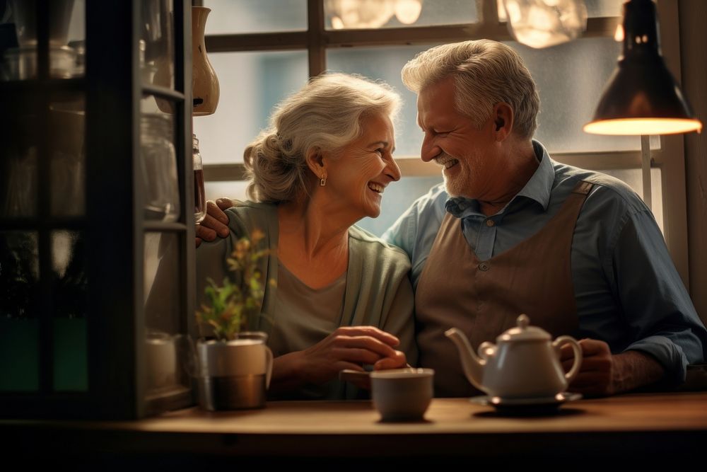 Senior couple happy drinking coffee window adult cup. AI generated Image by rawpixel.