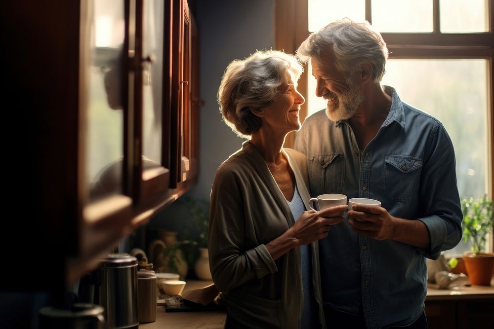 Senior couple happy drinking coffee window adult cup. AI generated Image by rawpixel.