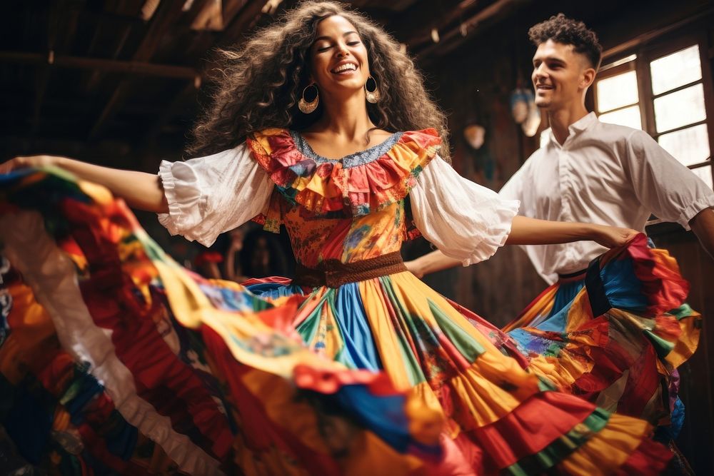 Latina and Latino in colorful costumes dancing celebration adult entertainment.