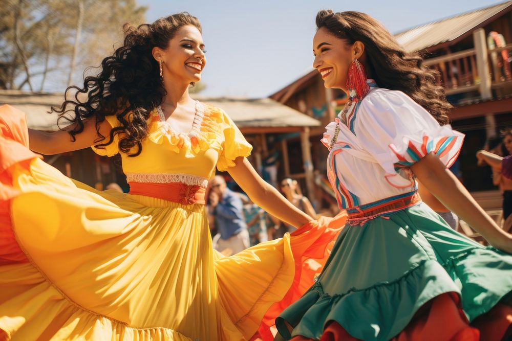 Latina and Latino in colorful costumes dancing celebration adult entertainment.