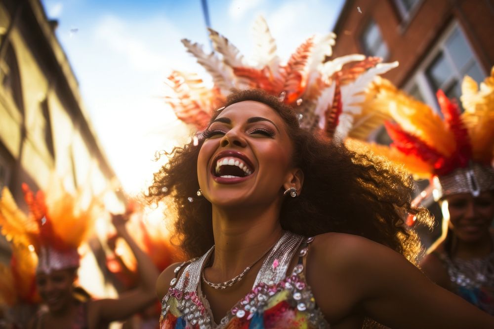 Latinas in carnival celebration laughing adult.
