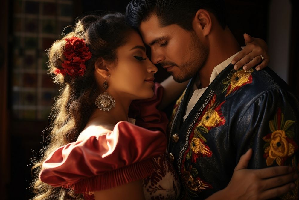 Man and woman in traditional mexican costumes portrait kissing dancing.