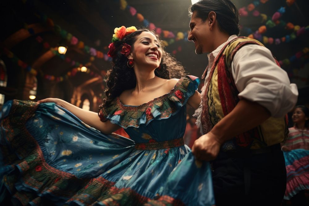 Man and woman in traditional mexican costumes dancing celebrate celebration adult entertainment.