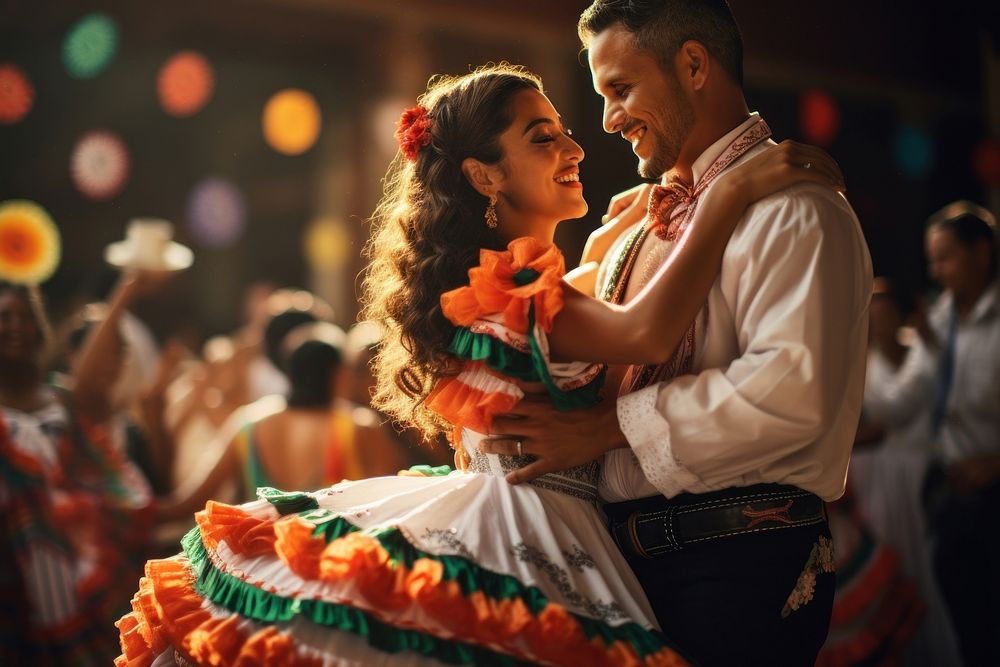 Man and woman in traditional mexican costumes dancing celebrate celebration adult bride.