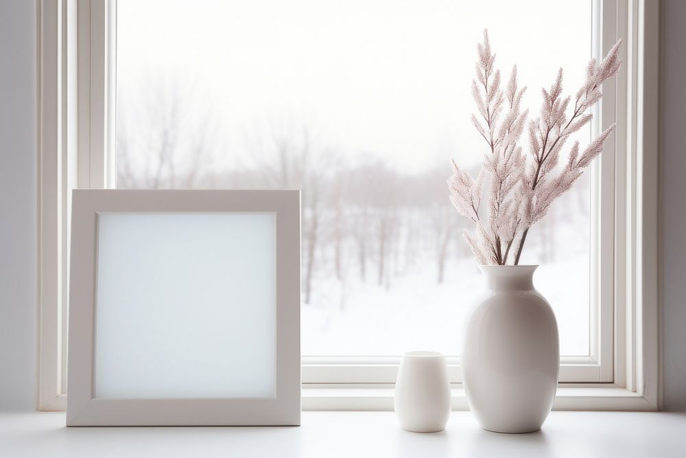 Winter snowy window vase windowsill. AI generated Image by rawpixel.