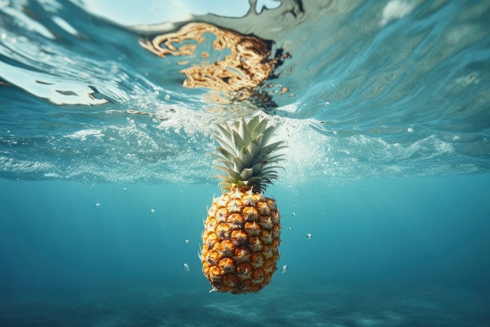 The pineapple floats on clear water fruit food bromeliaceae. AI generated Image by rawpixel.