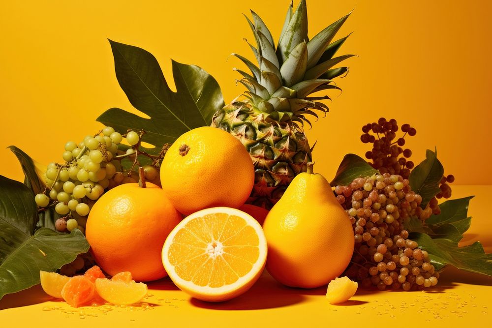 Tropical fruits on a yellow background pineapple lemon plant. AI generated Image by rawpixel.