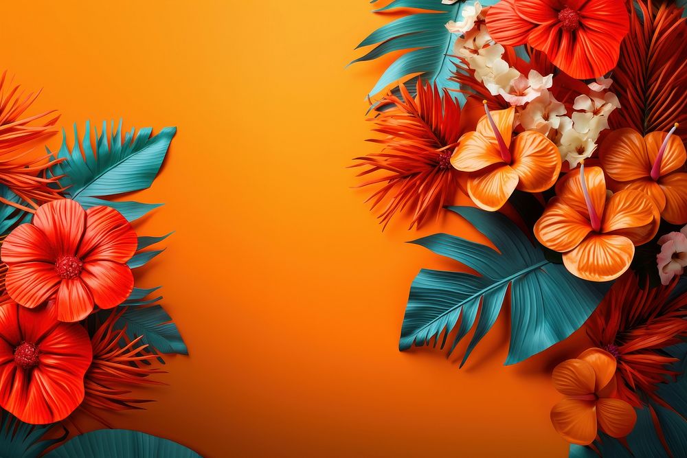 Tropical leaves with flowers on a orange background pattern plant petal. AI generated Image by rawpixel.
