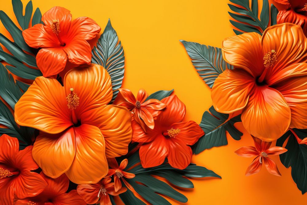 Tropical leaves with flowers on a orange background hibiscus plant petal. AI generated Image by rawpixel.