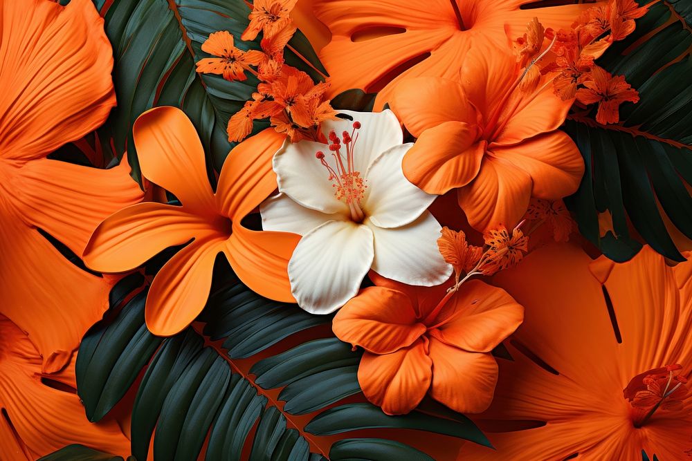 Tropical leaves with flowers on a orange background petal plant inflorescence. AI generated Image by rawpixel.