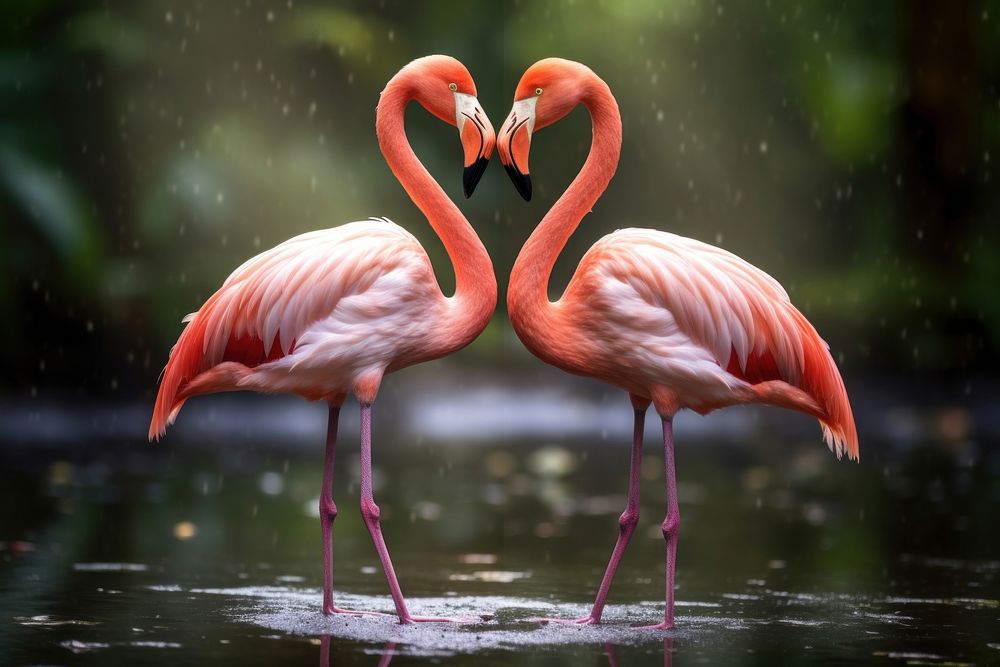 Two flamingos are making a heart shaped pattern animal bird reflection. AI generated Image by rawpixel.