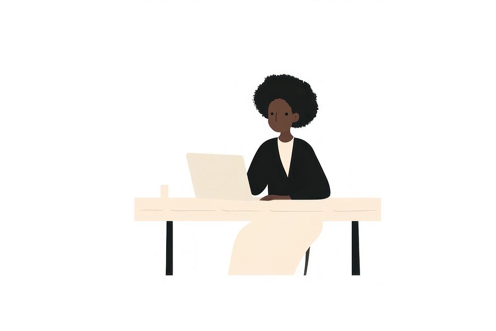 Doodle illustration of businesswoman sitting cartoon table.