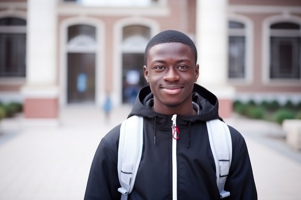 African student university standing portrait.
