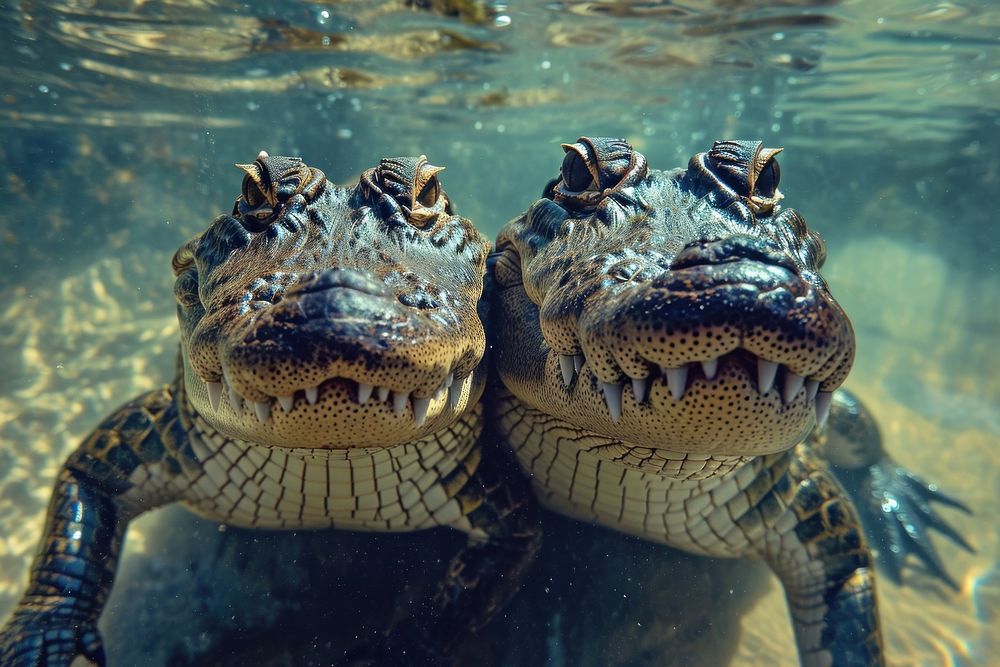 2 crocodiles animal reptile underwater.