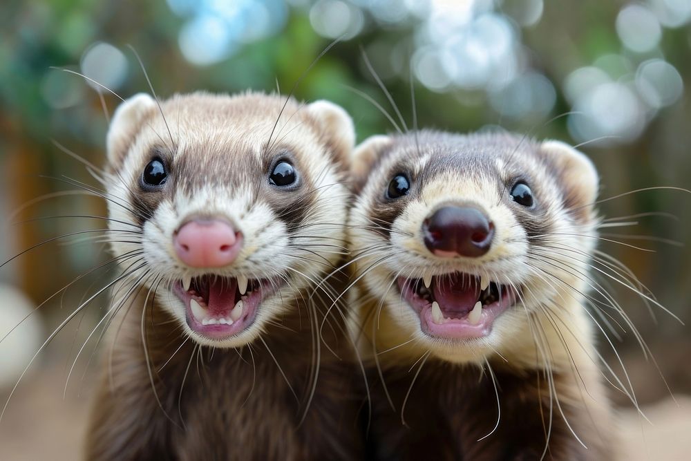 2 ferrets animal smiling mammal.