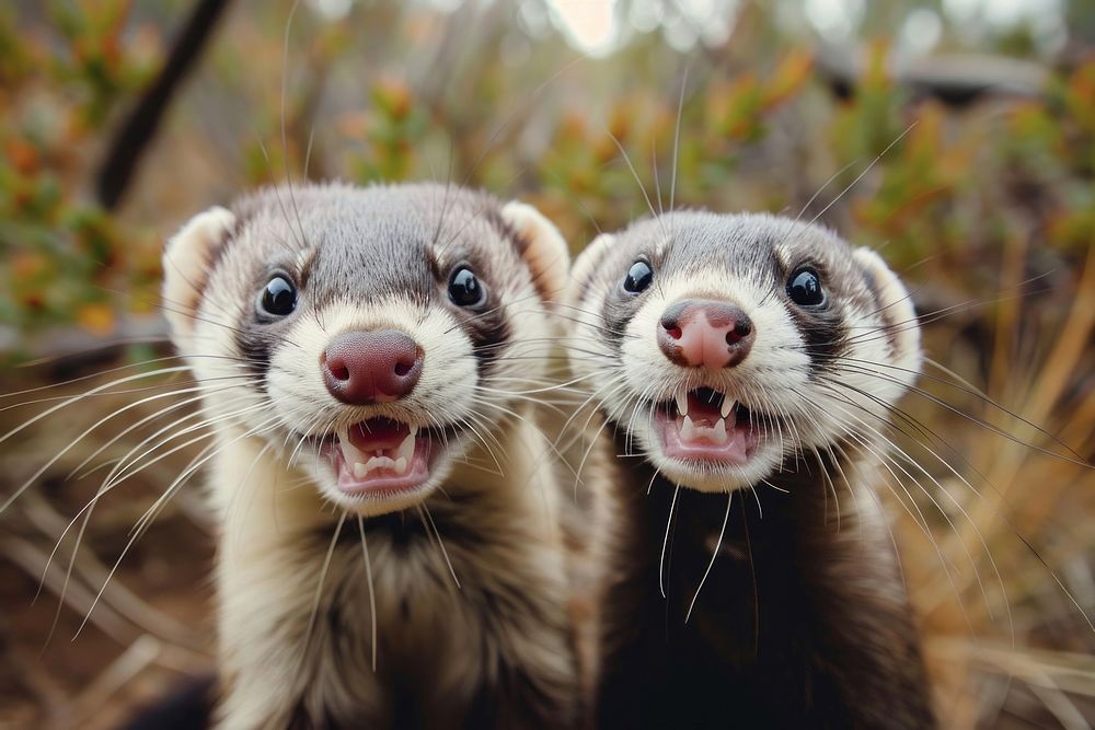 2 ferrets animal smiling mammal.