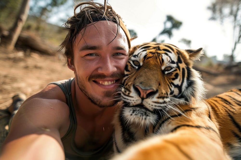 Tiger and man animal wildlife portrait.