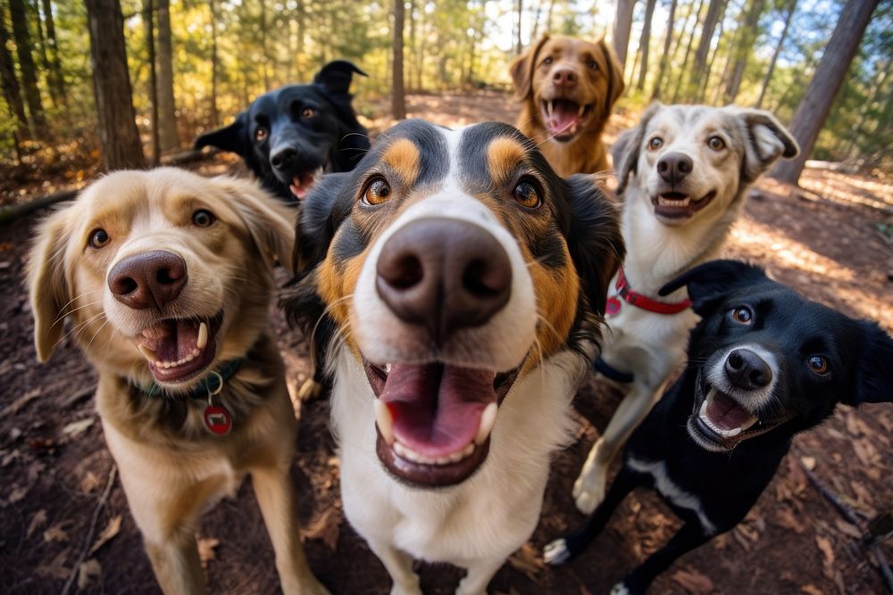 A group of dogs animal outdoors smiling.