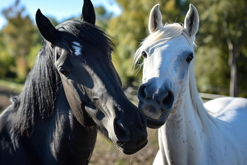 Black horse and white horse animal stallion mammal.