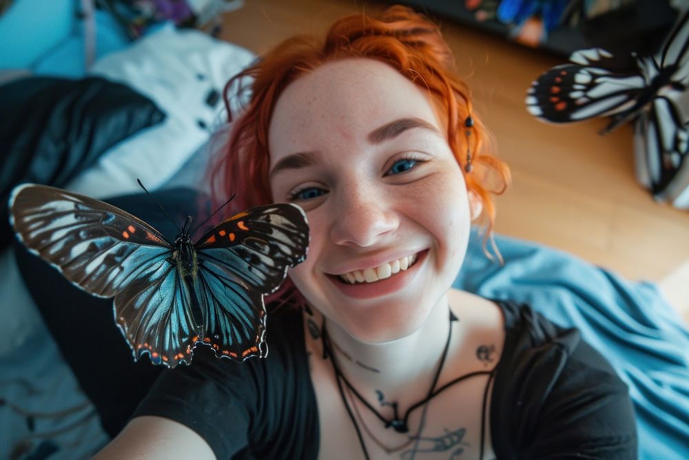 Butterfly and syberian portrait smiling selfie.