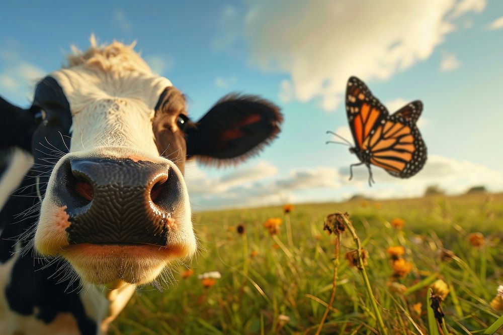 Cow and butterfly animal livestock outdoors.