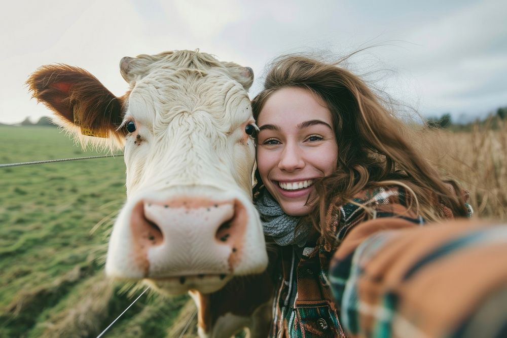 Cow and woman animal livestock portrait.