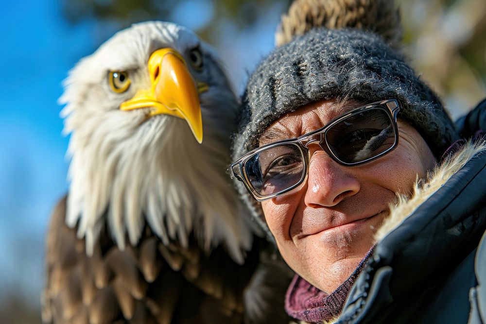 Eagle and man animal portrait glasses.