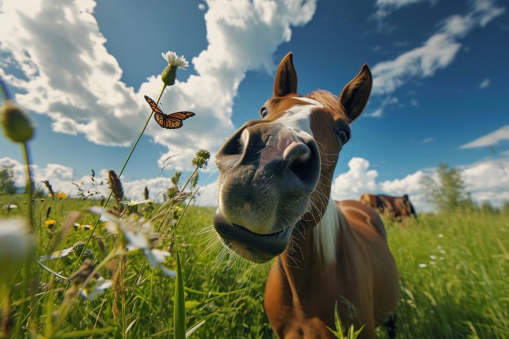 Horse and dog and butterfly animal livestock landscape.