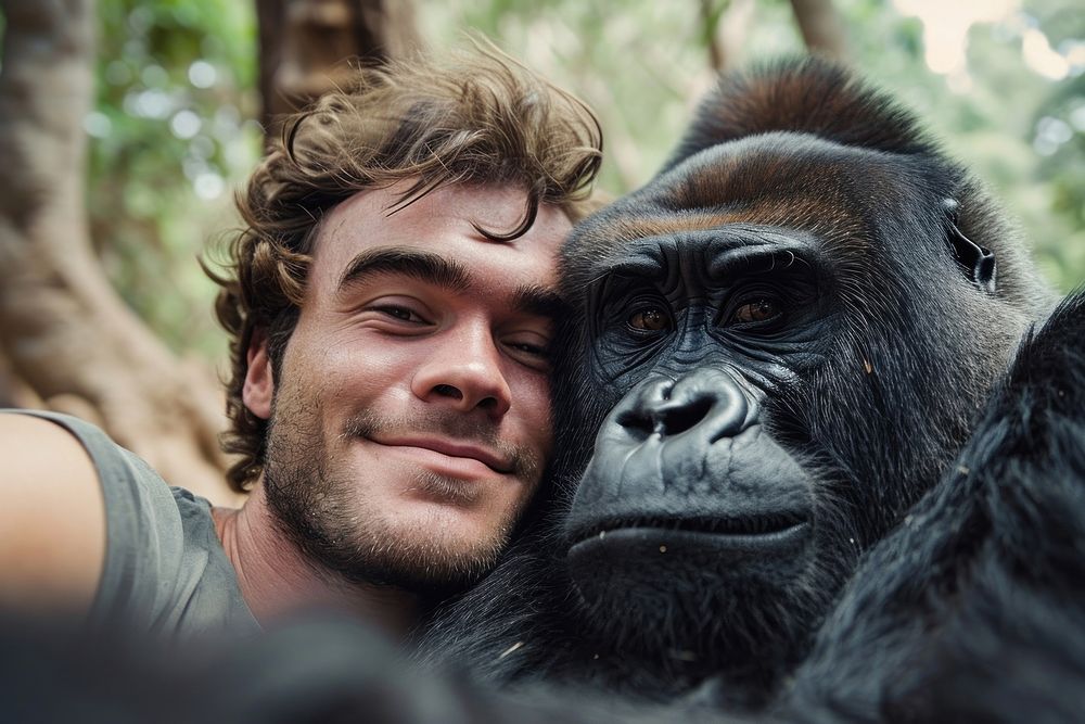 Man and gorilla animal wildlife portrait.