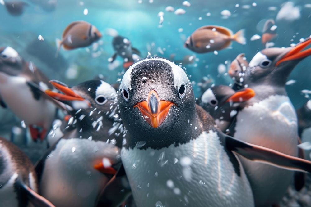 Penguins and fish animal bird underwater.