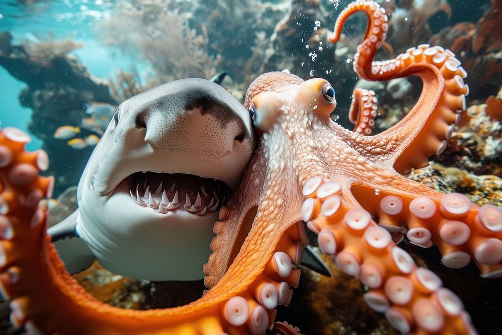 Shark and octopus animal fish invertebrate.