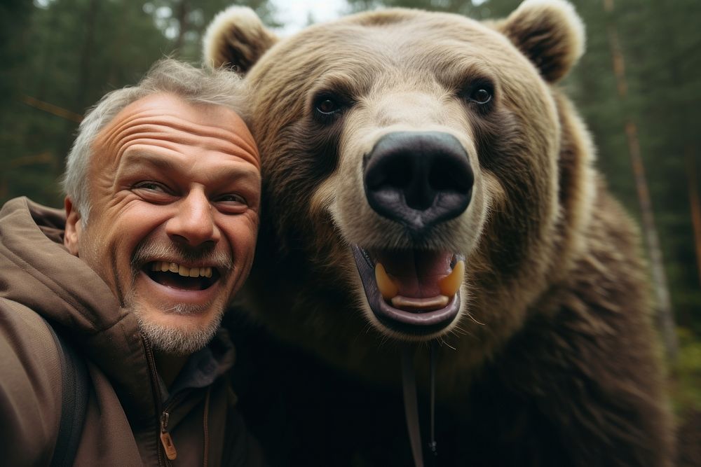 Bear and mature man animal smiling mammal.
