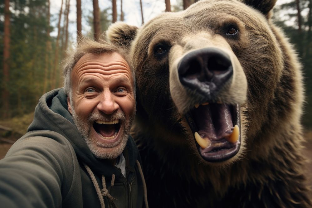 Bear and mature man smiling mammal animal.