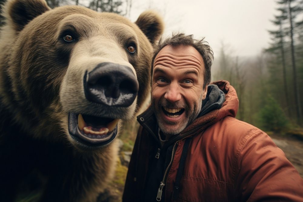 Bear and mature man animal portrait outdoors.