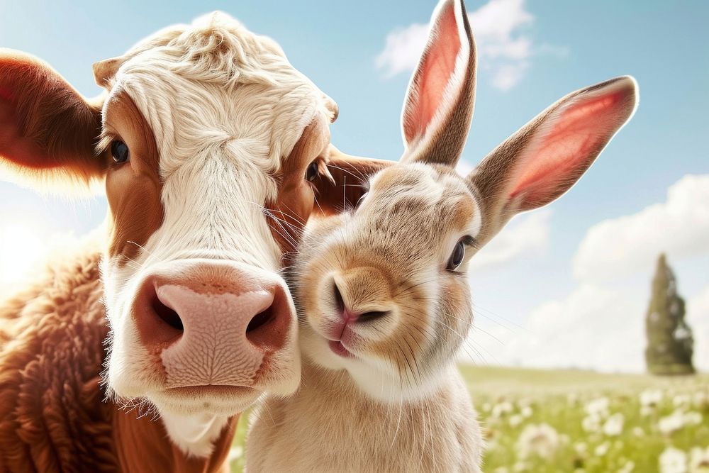 Selfie of a cow and a rabbit animal livestock mammal.