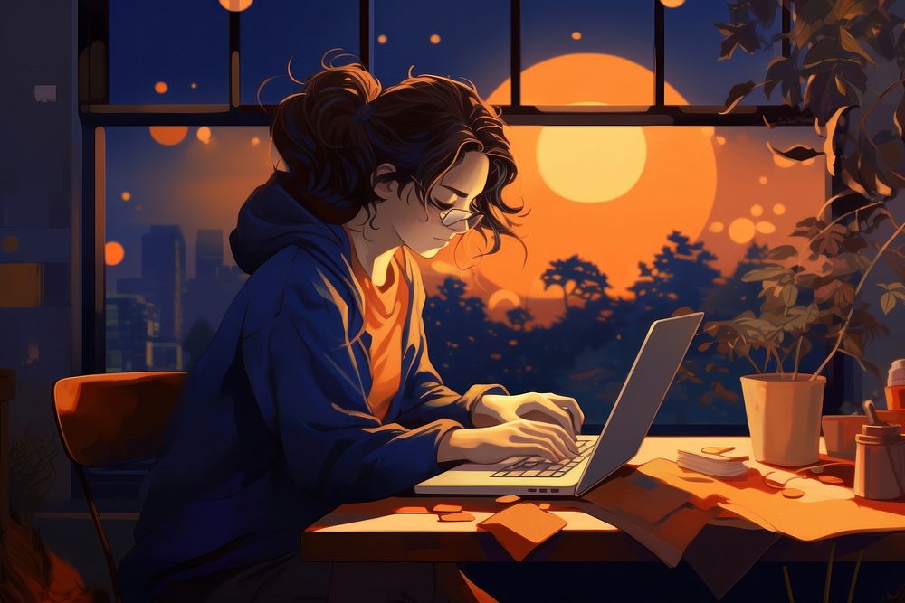 Woman working laptop computer cartoon.