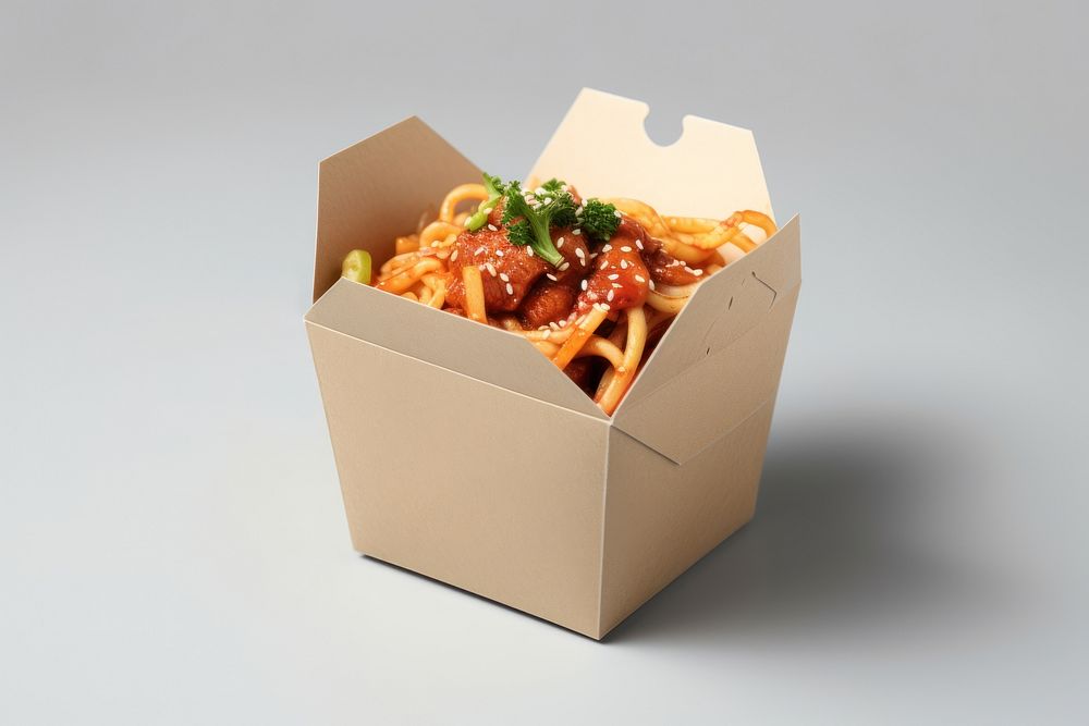 Noodle box packaging  food gray background studio shot.